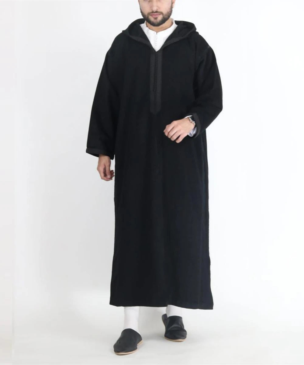 Qamis Homme à Capuche — Coupe Longue, Noir ou Gris