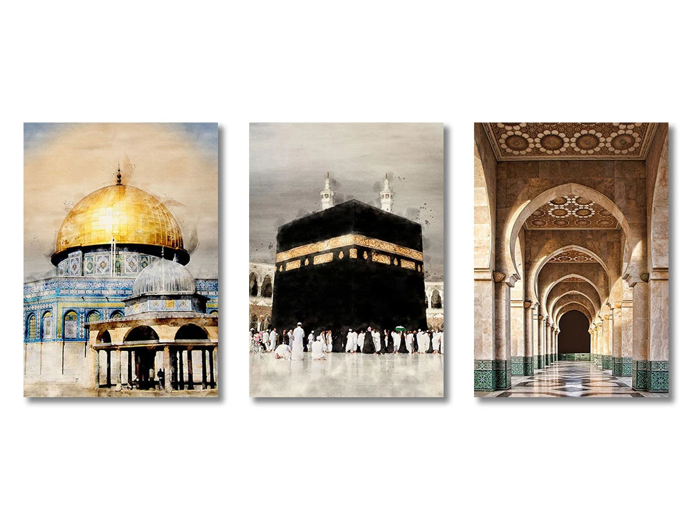 Tableau Ayat al-Kursi — Triptyque Toile, Finition Or, Beige & Noir