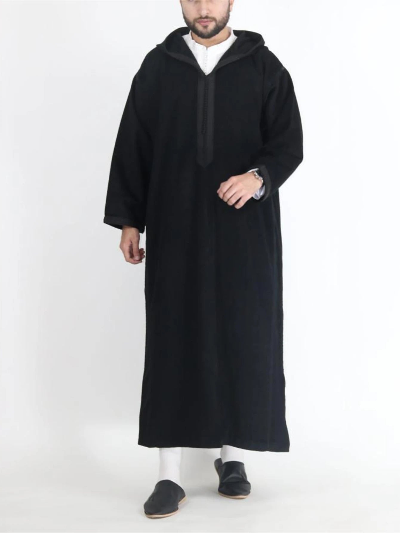 Qamis Homme à Capuche — Coupe Longue, Noir ou Gris